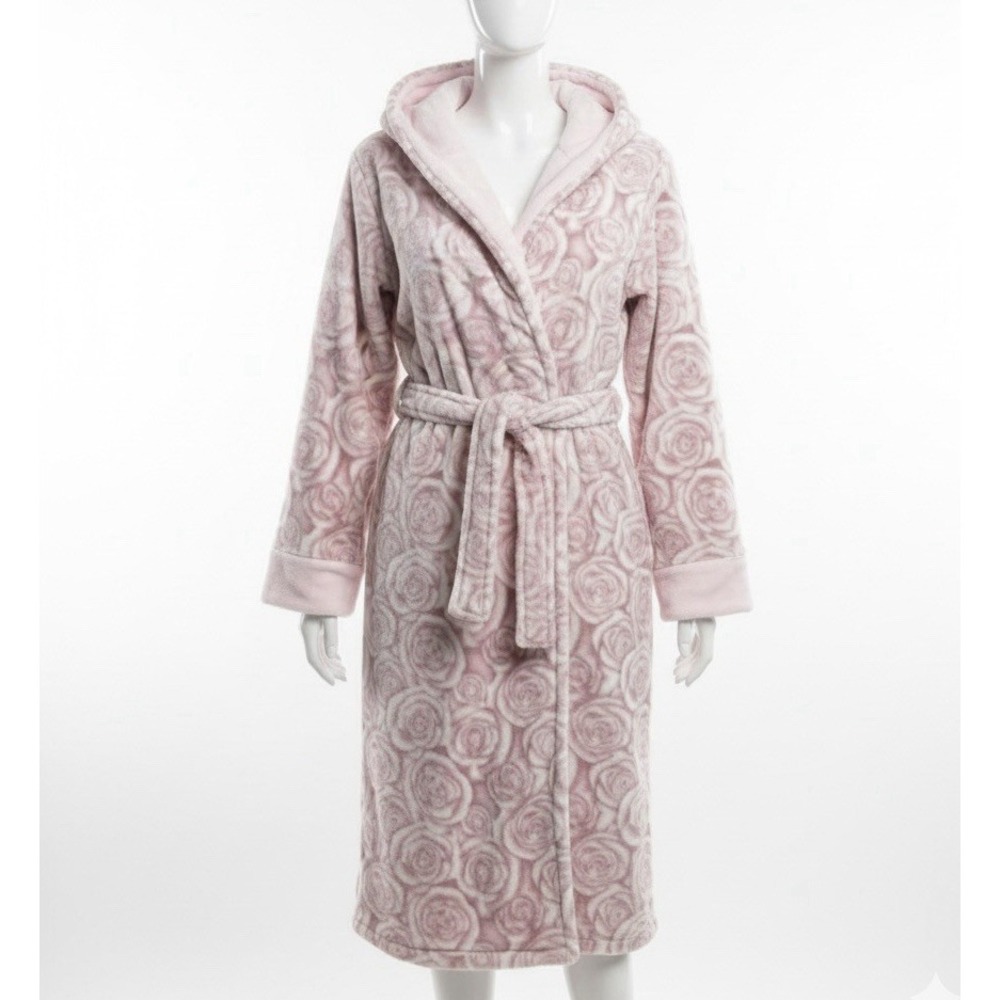 Casa Zeta-Jones Pink‎ Rose Plush Hooded Robe M Long Spa Luxury Romantic Coquette